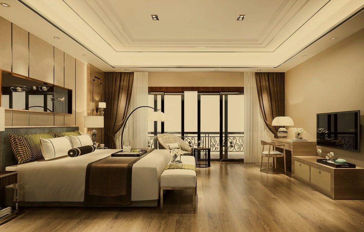 Conceptual bedroom suite with a balcony and soft lighting, in a warm grade. Not the actual project.