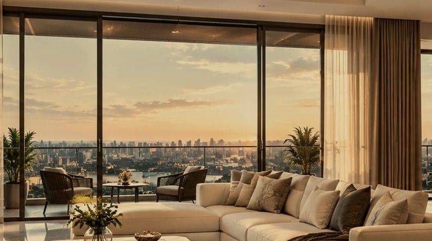 Conceptual living room opening onto a balcony with a city skyline, in a warm grade. Not the actual project.