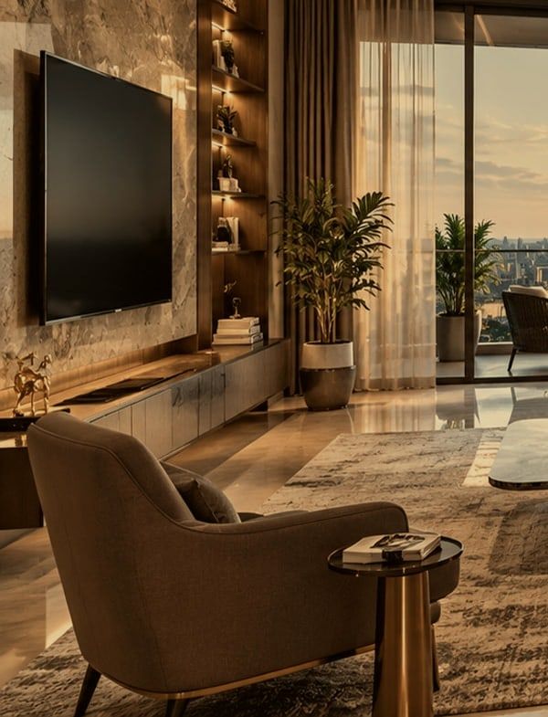 Conceptual lounge corner with a stone wall and shelving, in a warm grade. Not the actual project.