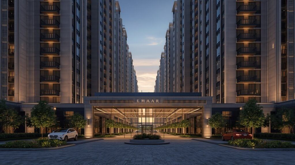Grand entrance drive between two residential towers with an Emaar sign.