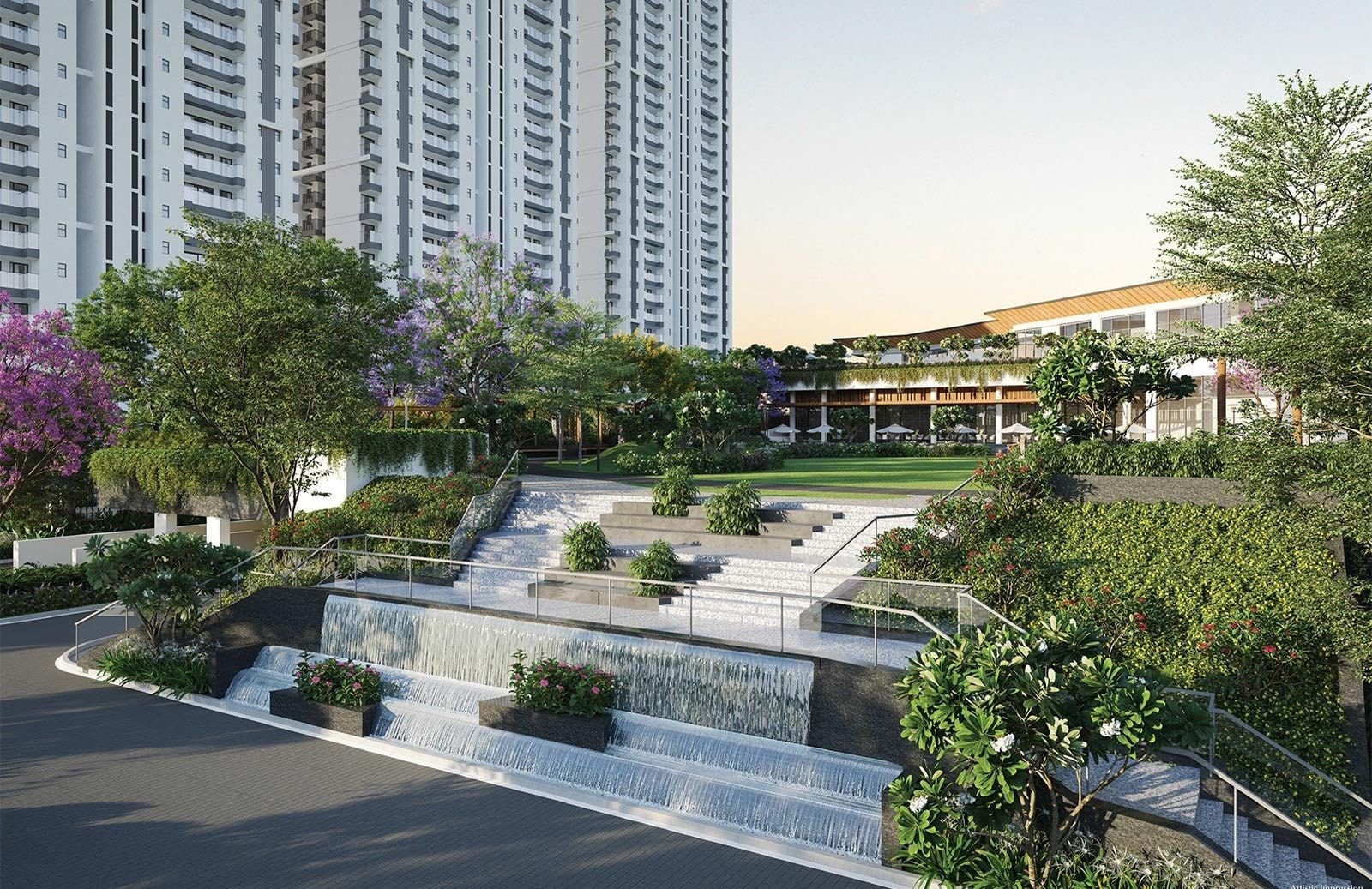 Stepped water cascade and landscaped terraces in front of residential towers.
