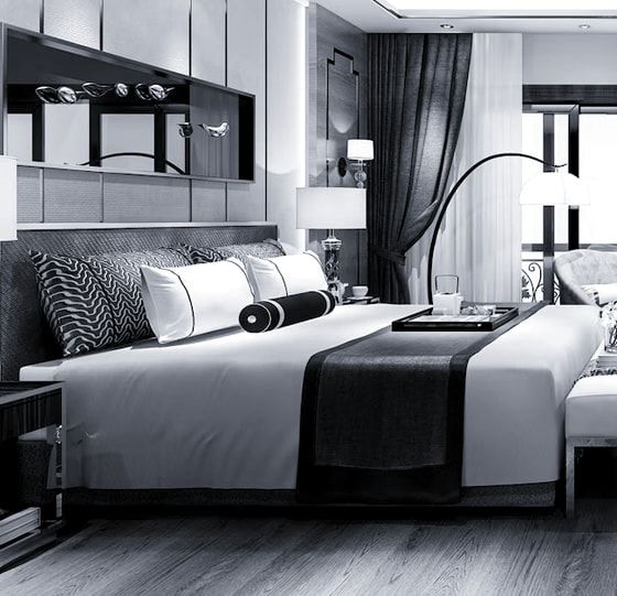 Conceptual bed with cushions and bedside lamps. Not the actual project.