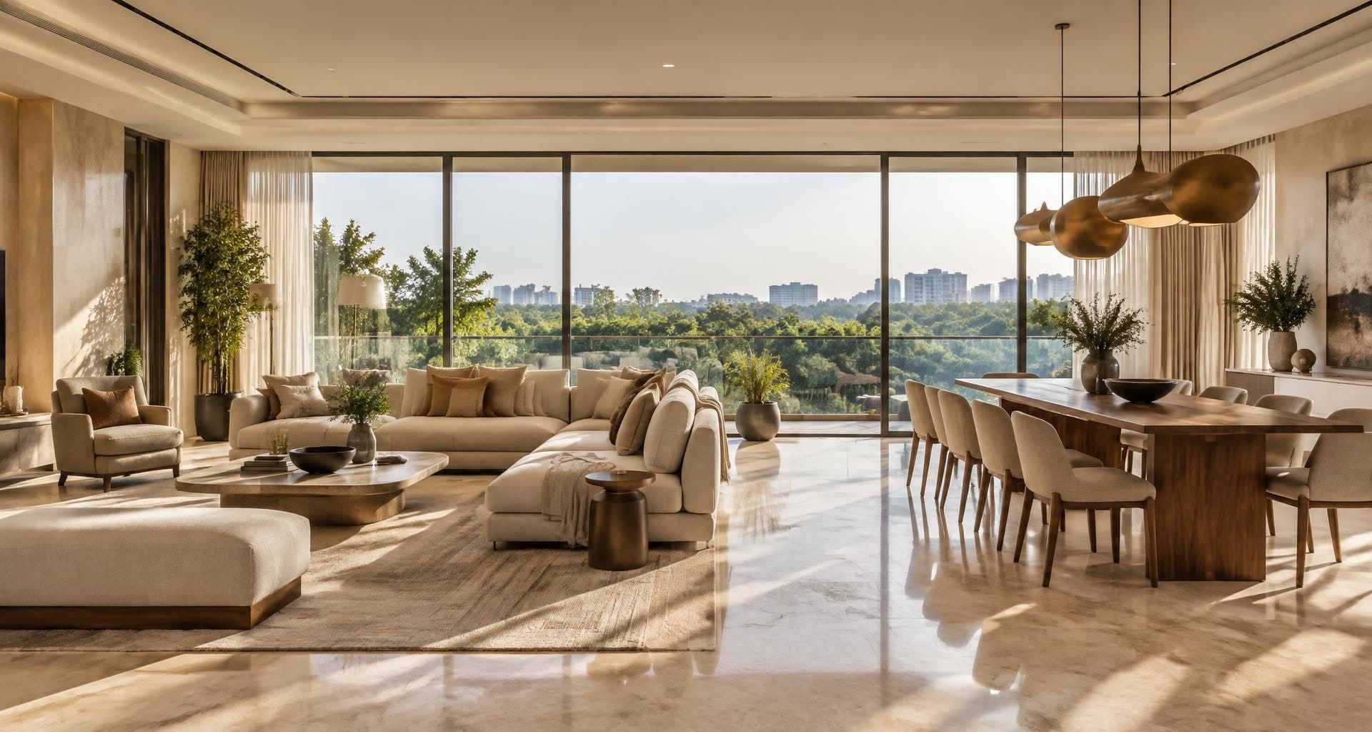 Living and dining room with marble floors, full-height glazing and a city view. Not the Sector 92 project.