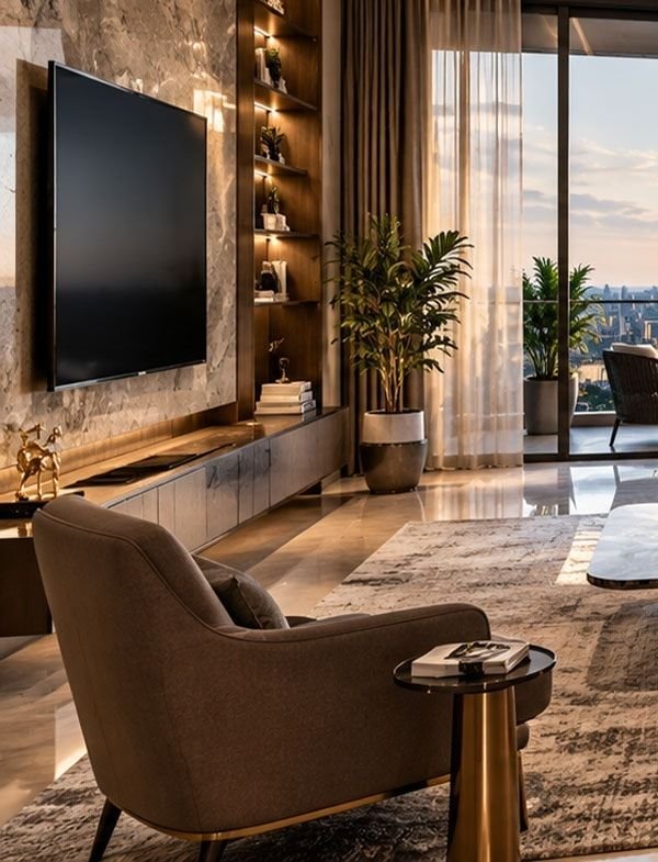 Conceptual lounge corner with a marble wall, shelving and an armchair. Not the actual project.