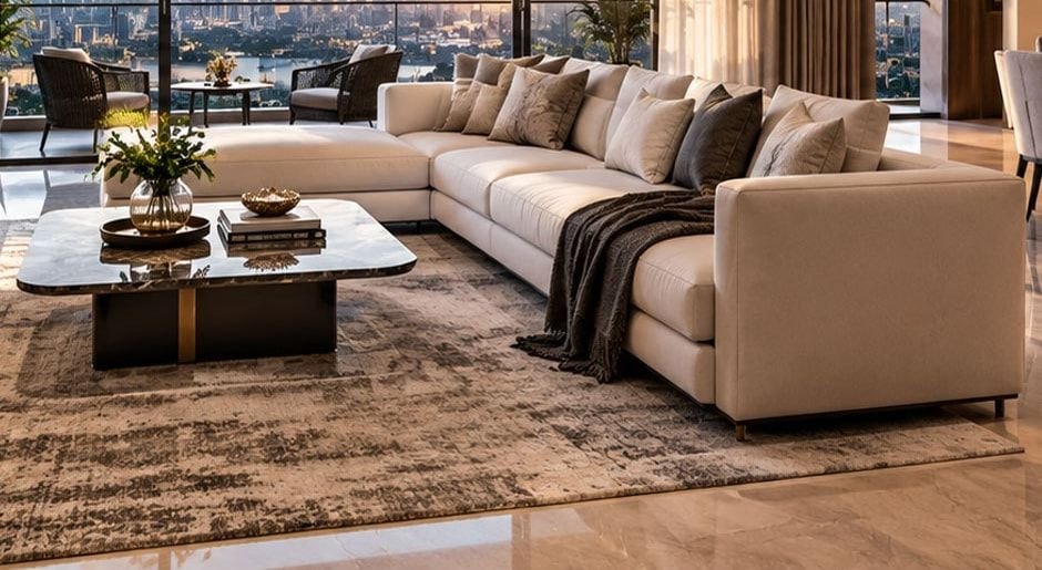 Conceptual sectional sofa and marble coffee table in a living room. Not the actual project.
