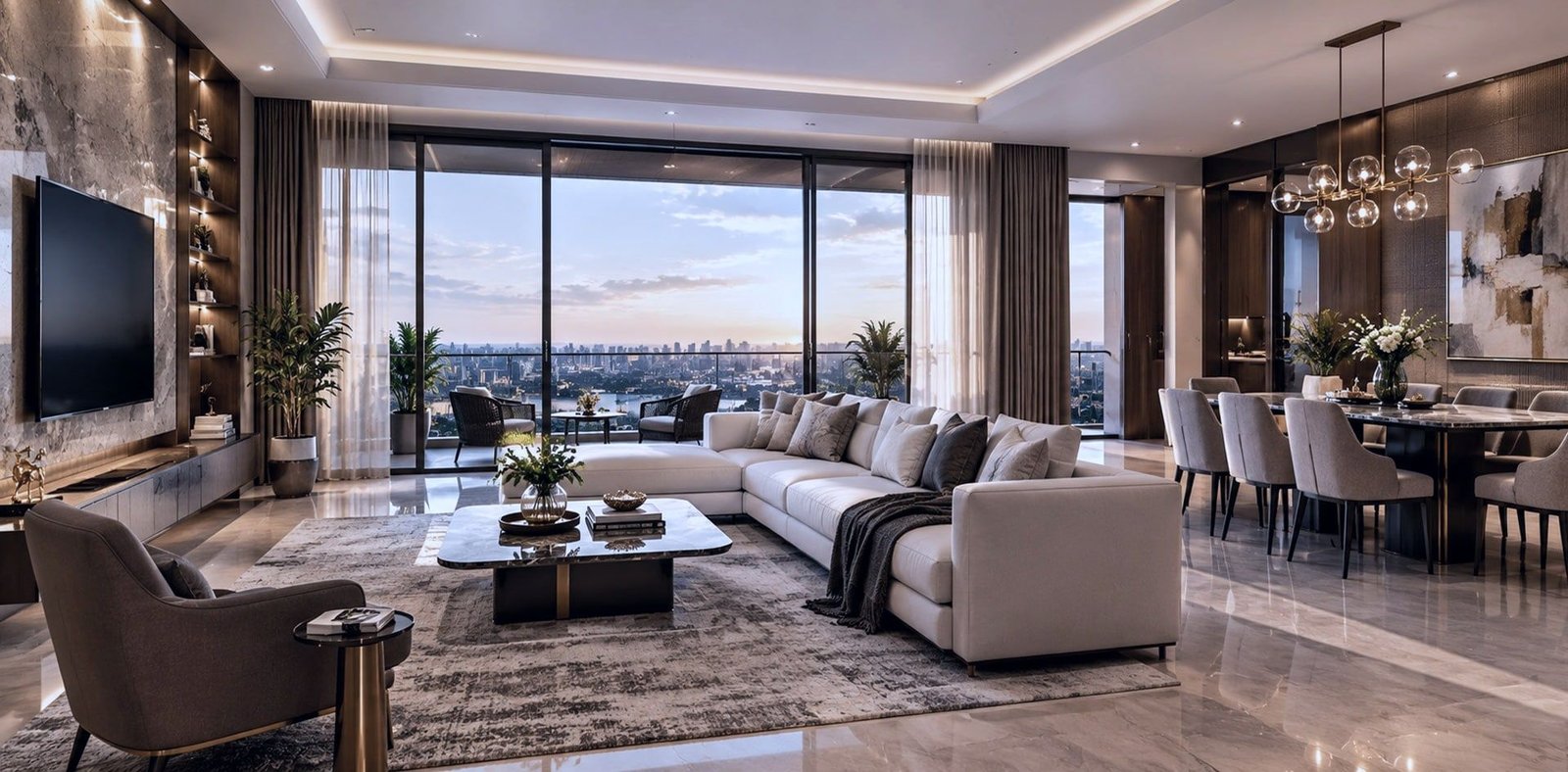 Conceptual living and dining room with full-height glazing and a city view. Not the actual project.