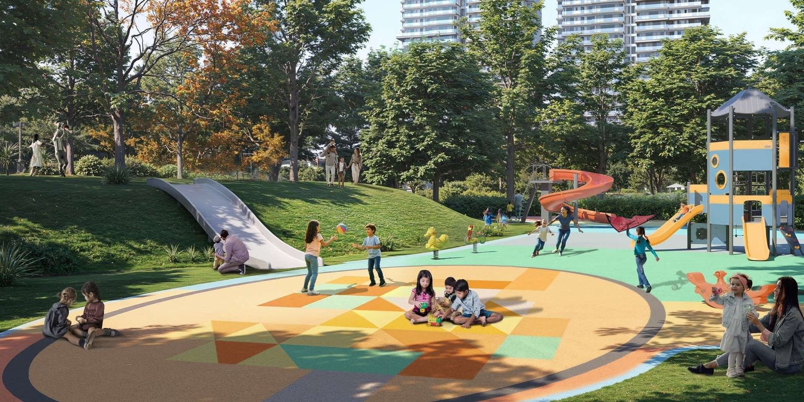 Artist's impression of the kids play area with a slide and play tower.